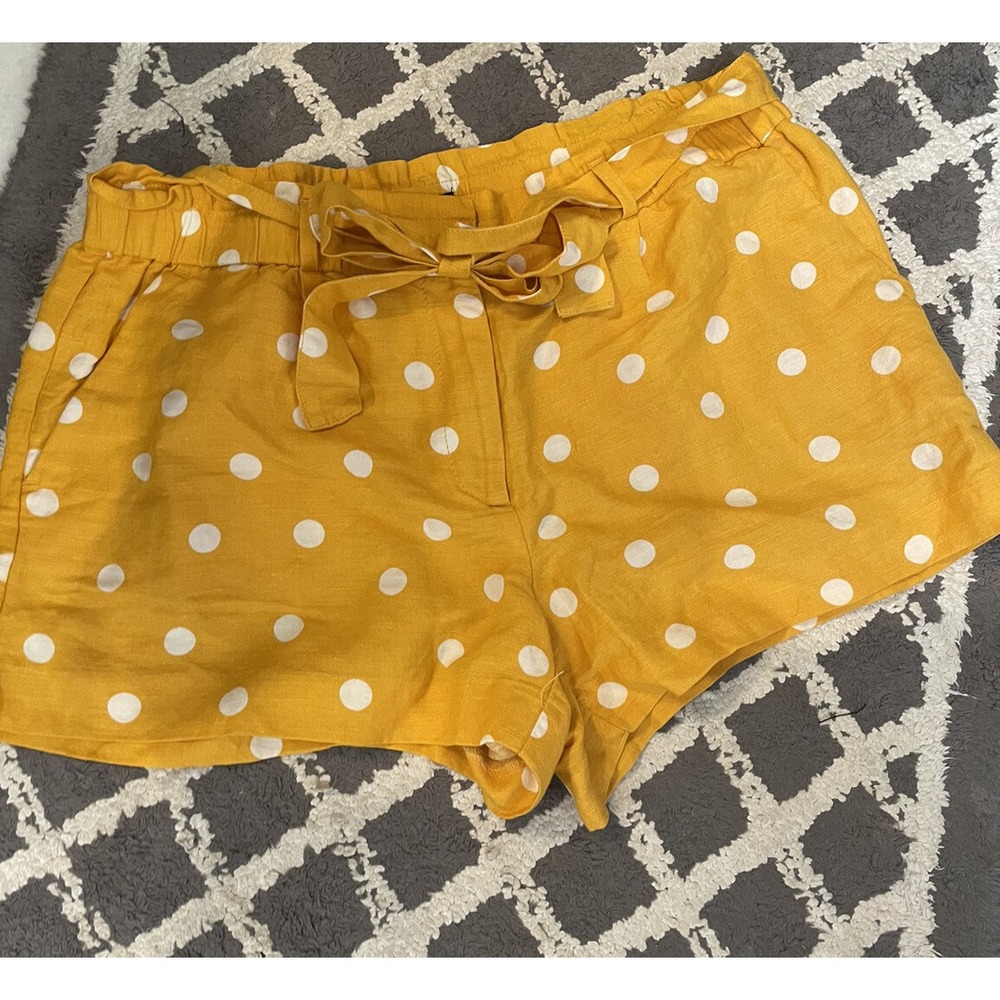 LOFT Womens Yellow White Polka Dot Tie Waist Linen Shorts Size M NWT